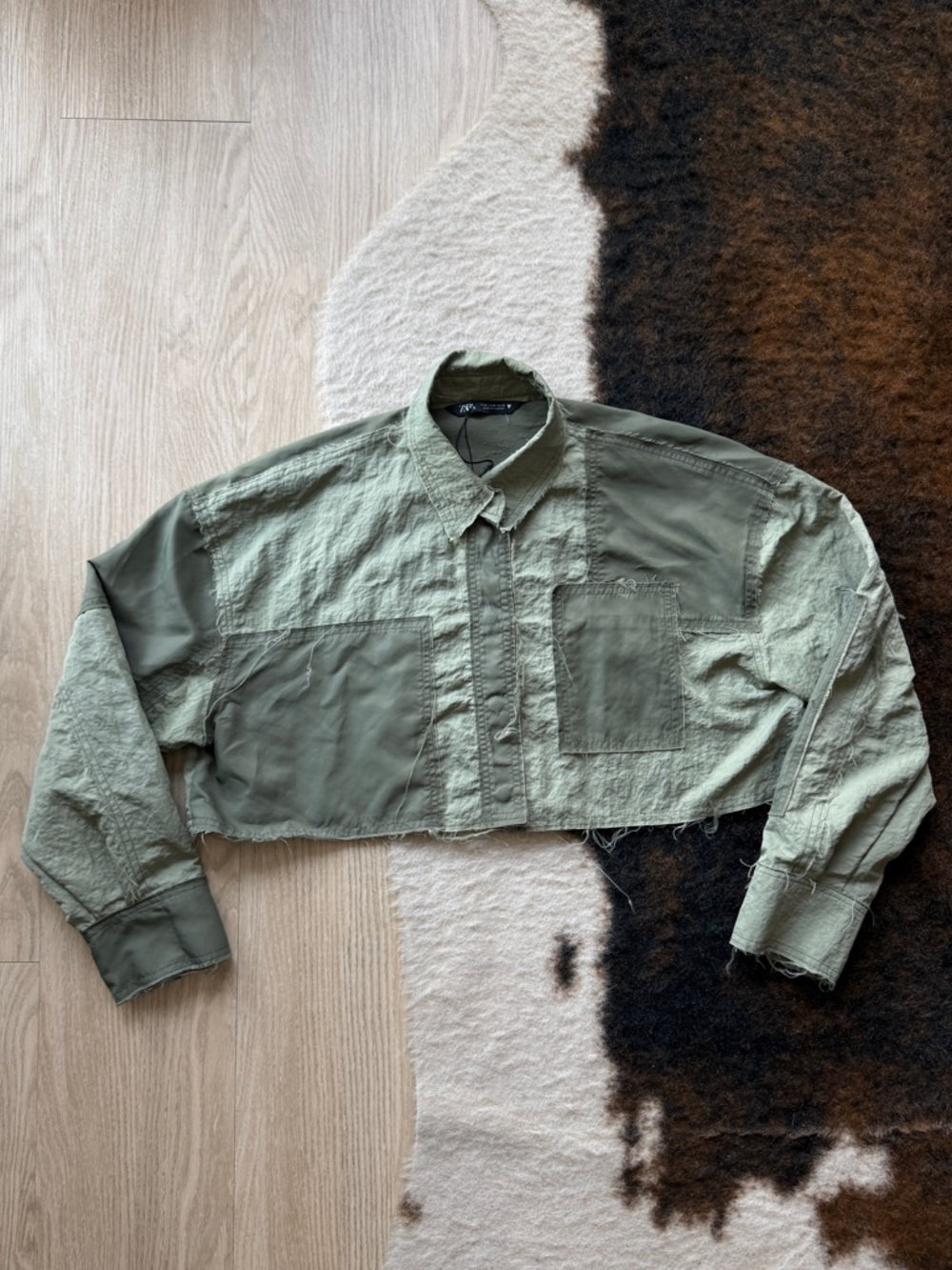 Cropped Olive Green Distressed Button-Up Shirt